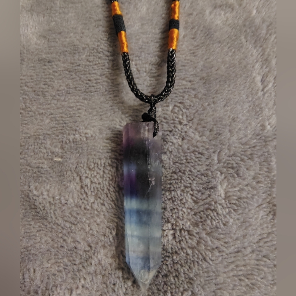 Natural Fluorite Point Pendant Cord Necklace - Purple & Blue
